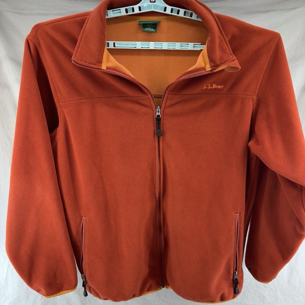 LL Bean Fleece Polartech Neon Orange Lg Jacket Front Pockets Full Zip